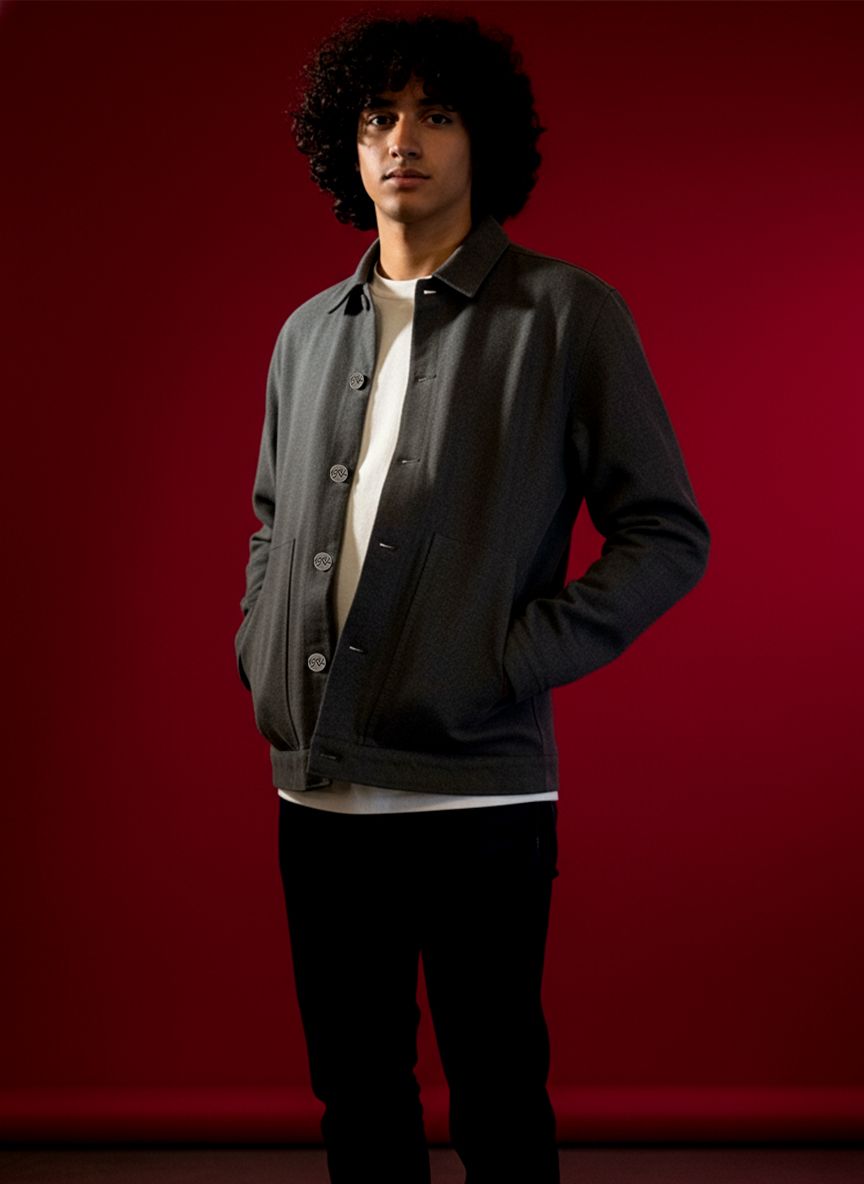 Men's grey denim shacket with button front and chest pockets