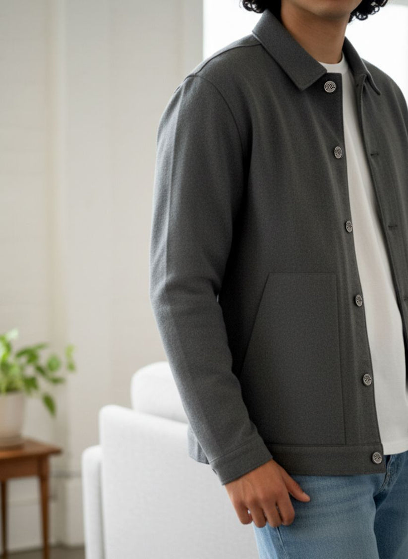 Men's grey denim shacket with button front and chest pockets