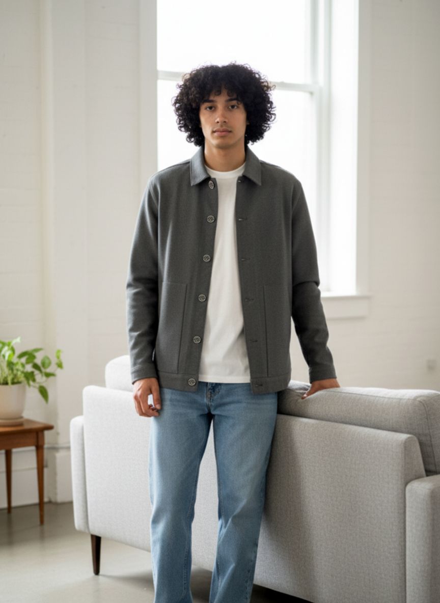 Men's grey denim shacket with button front and chest pockets