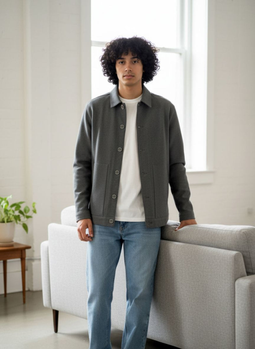 Men's grey denim shacket with button front and chest pockets