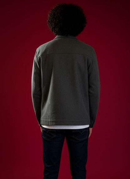 Men's grey denim shacket with button front and chest pockets