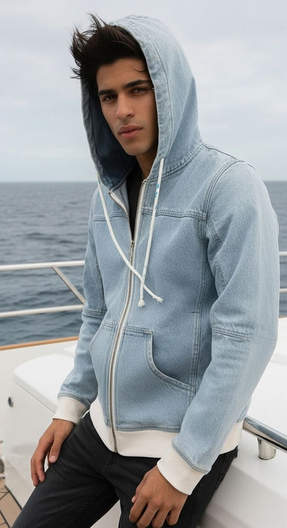 Men's ice blue denim hoodie with front zipper and pockets