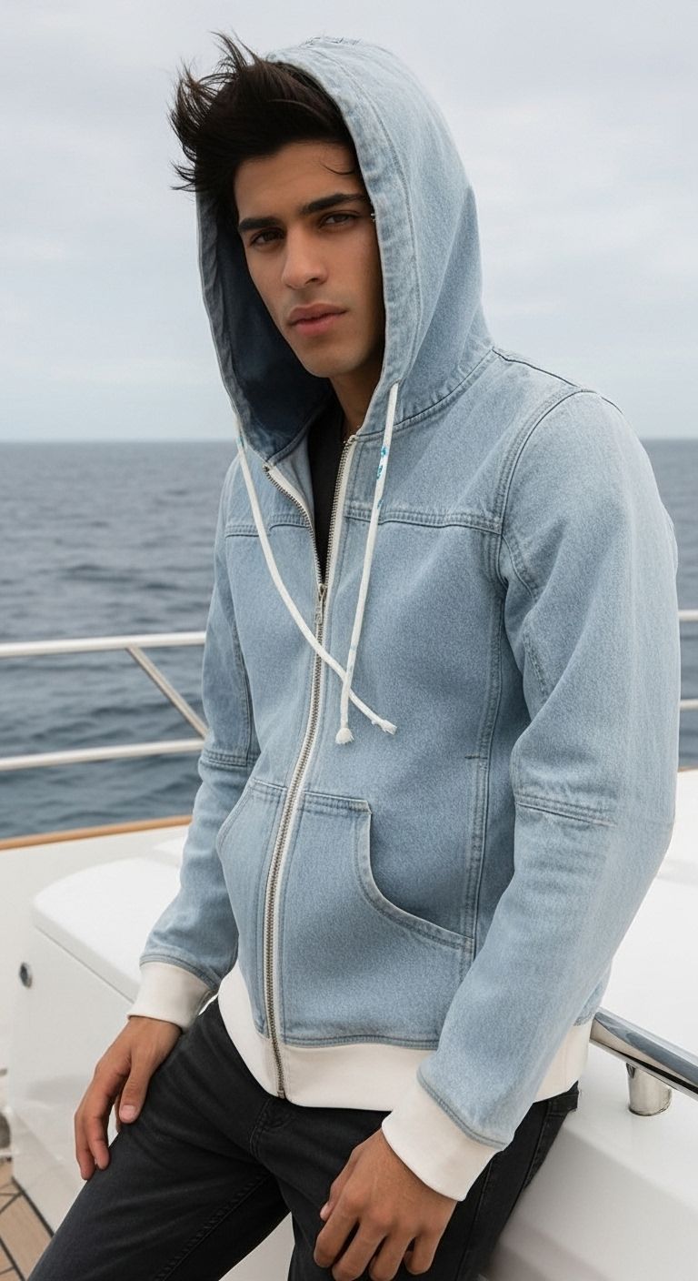 Men's ice blue denim hoodie with front zipper and pockets