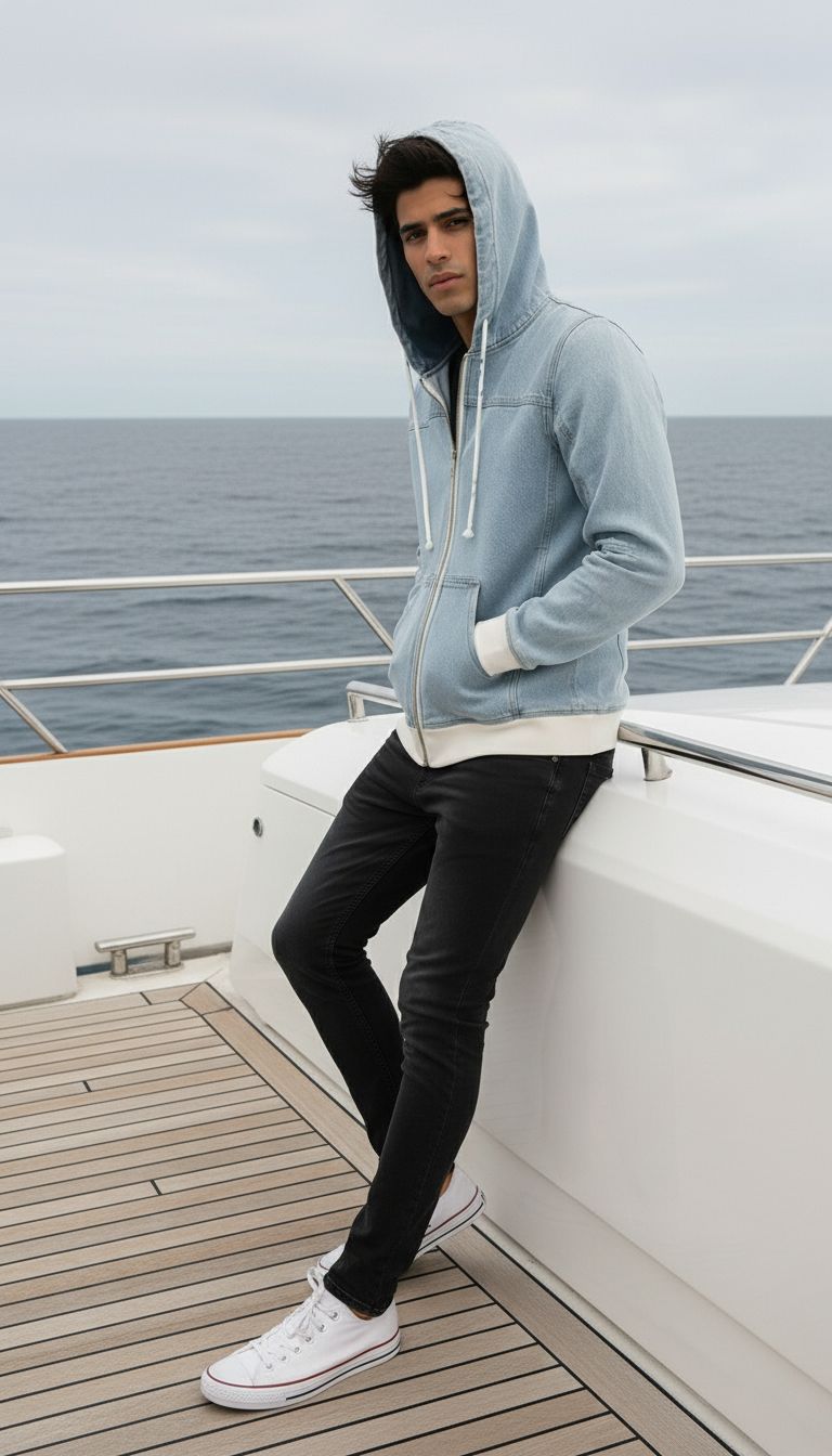 Men's ice blue denim hoodie with front zipper and pockets