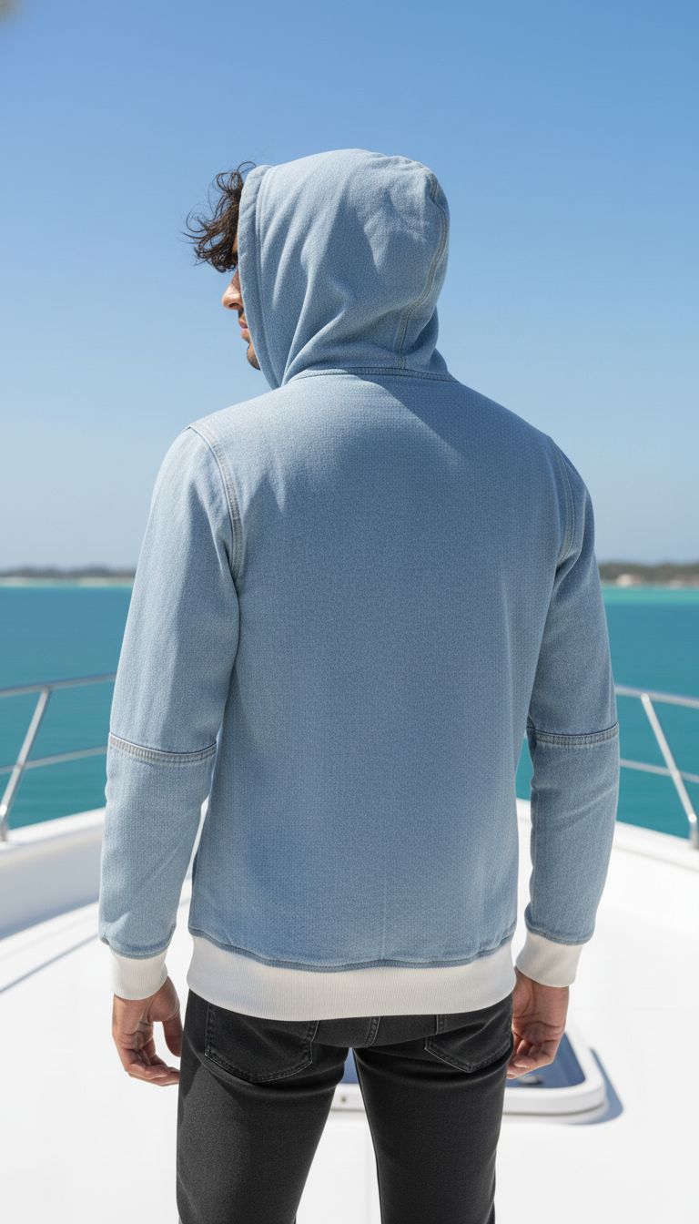 Men's ice blue denim hoodie with front zipper and pockets