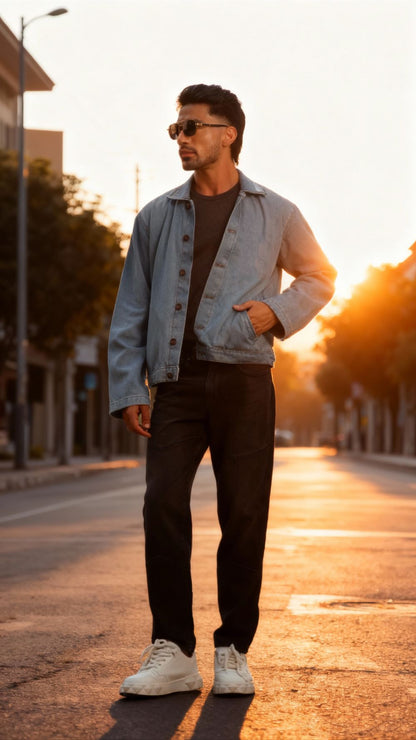 Men's light blue denim shacket with button front