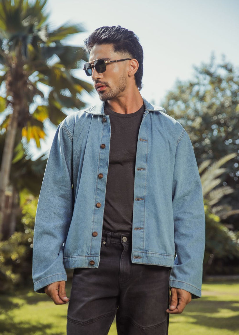 Men's light blue denim shacket with button front