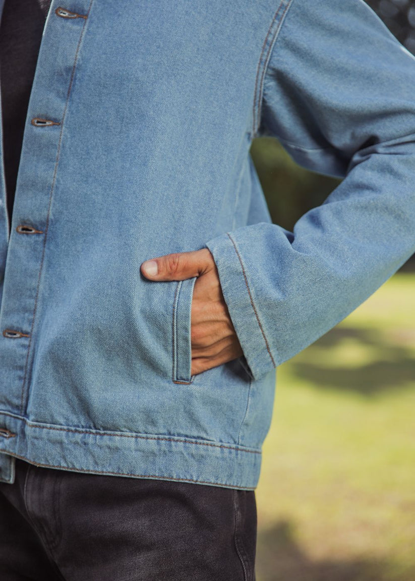 Men's light blue denim shacket with button front