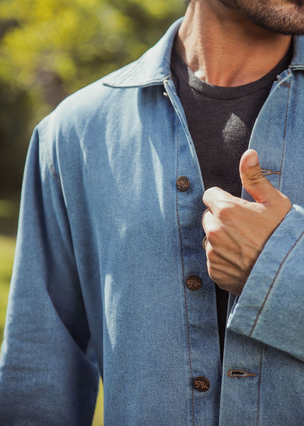 Men's light blue denim shacket with button front