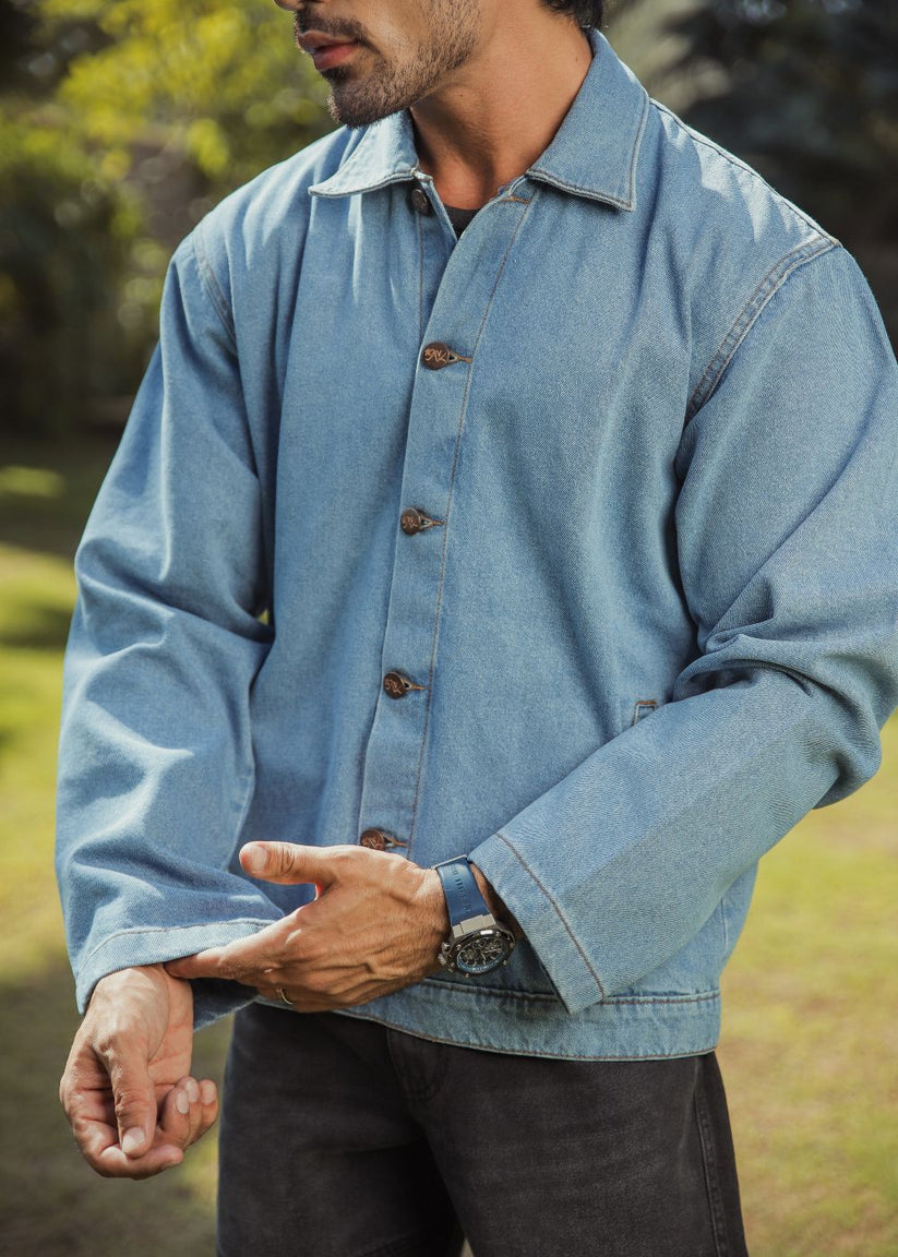 Men's light blue denim shacket with button front