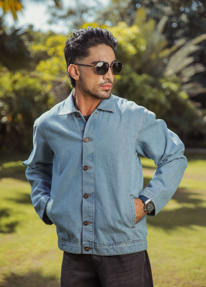 Men's light blue denim shacket with button front