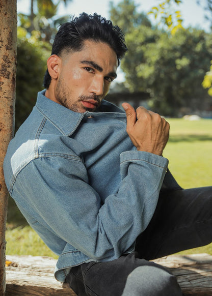 Men's light blue denim shacket with button front