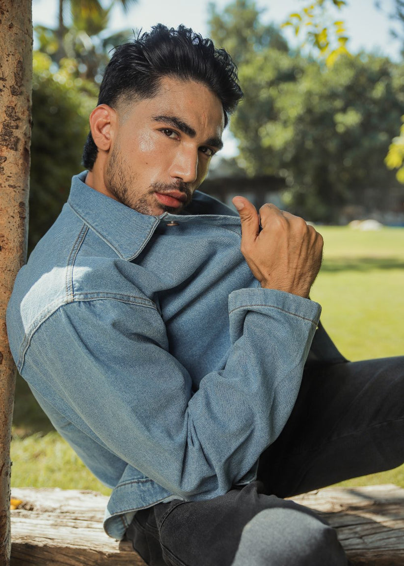Men's light blue denim shacket with button front