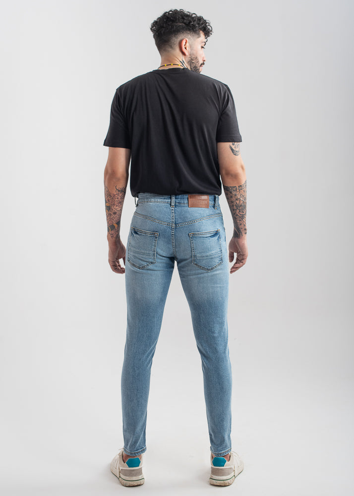 Men’s light blue skinny fit jeans with stretch denim and tapered leg design