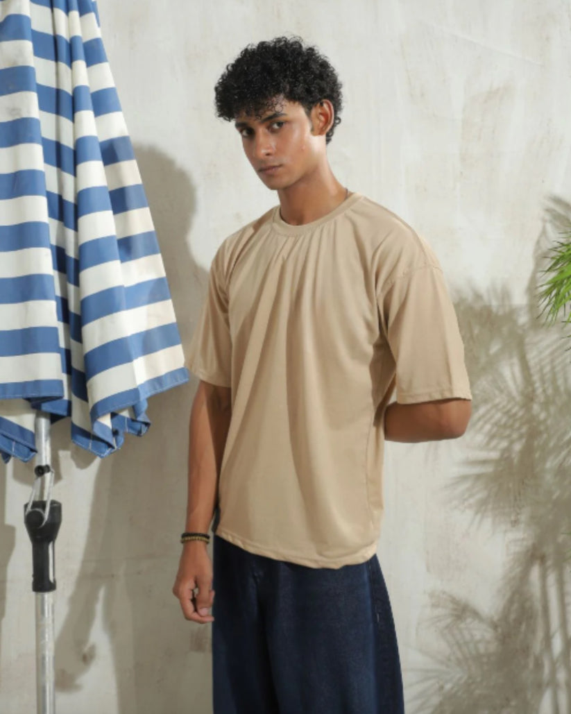Men's oversized beige drop shoulder t-shirt with relaxed silhouette