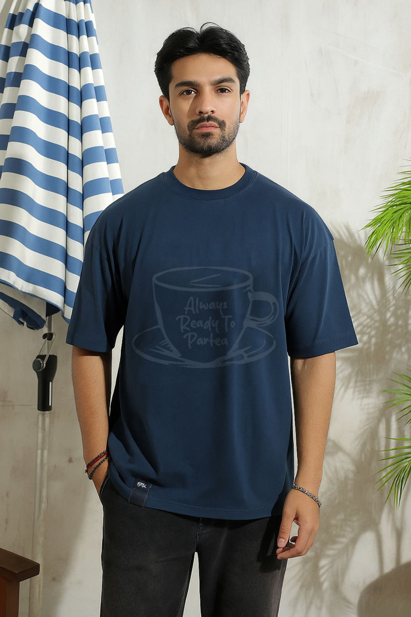 Men's oversized blue graphic t-shirt with drop shoulder design