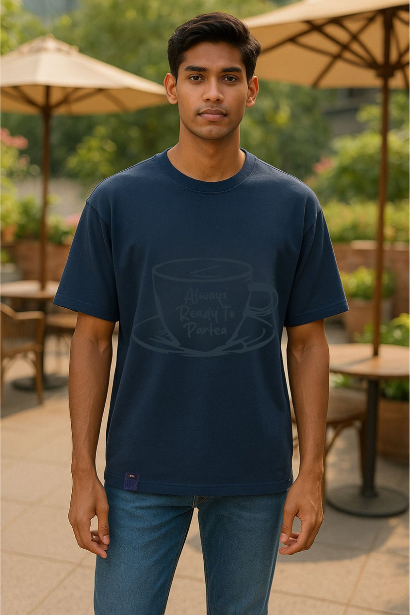 Men's oversized blue graphic t-shirt with drop shoulder design