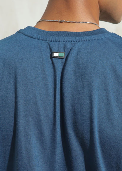 Men's oversized blue graphic t-shirt with drop shoulder fit