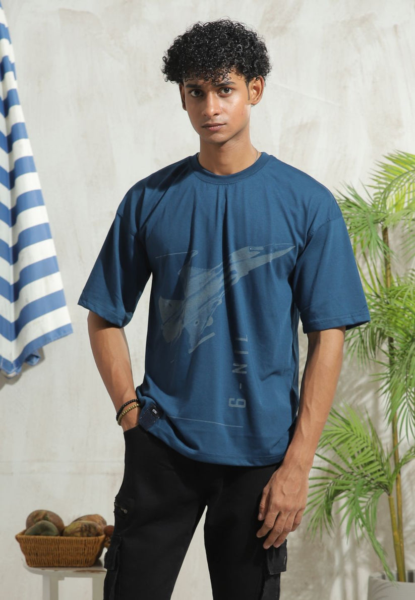 Men's oversized blue graphic t-shirt with drop shoulder fit