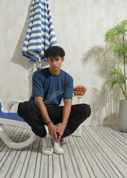 Men's oversized blue graphic t-shirt with drop shoulder fit 