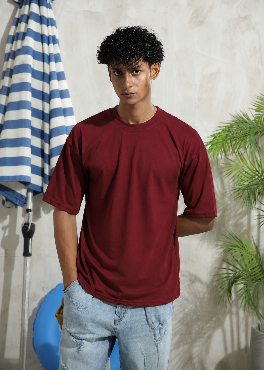 Men's oversized maroon drop shoulder t-shirt with relaxed fit