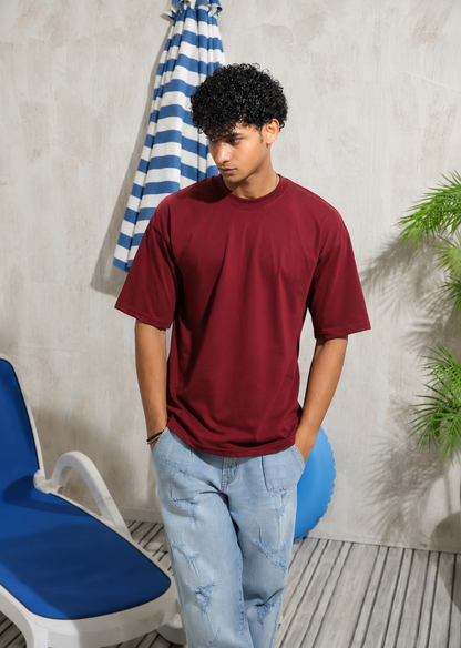 Men's oversized maroon drop shoulder t-shirt with relaxed fit