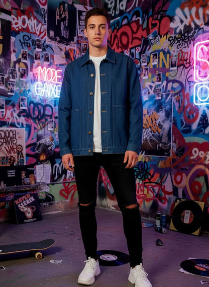 Men's raw blue denim shacket with button closure