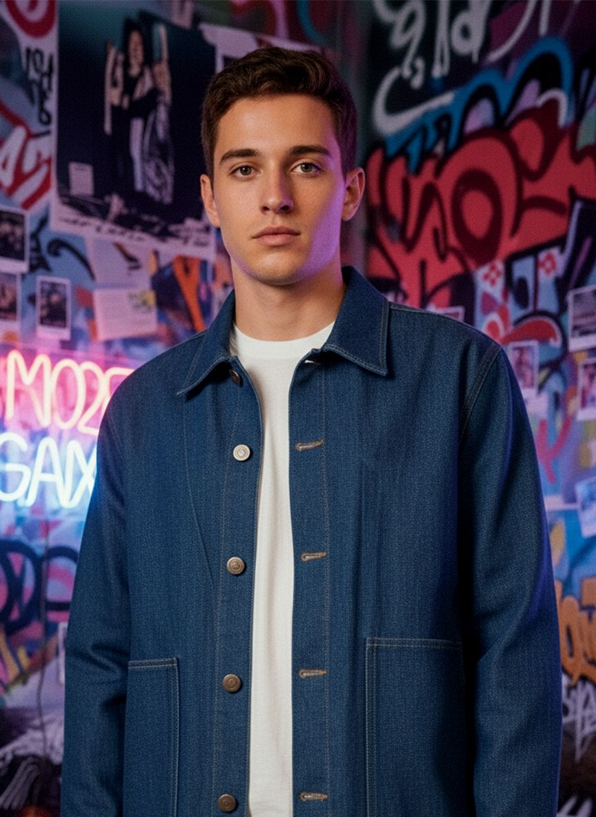 Men's raw blue denim shacket with button closure 