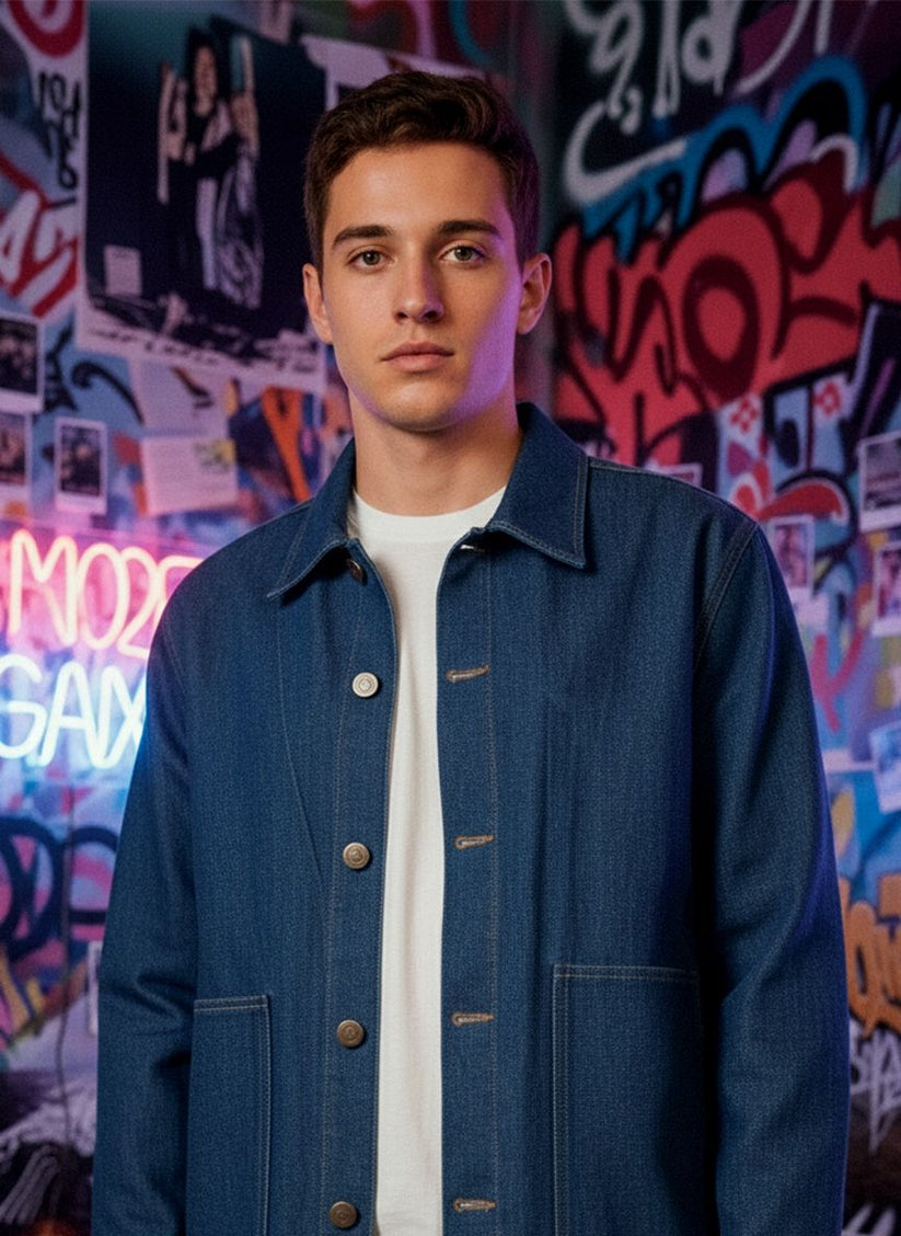 Men's raw blue denim shacket with button closure 