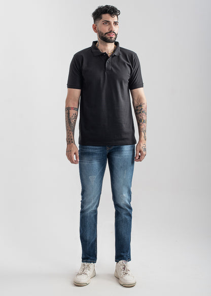 Men's regular fit black polo shirt with classic collar