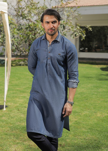 Men's regular fit blue denim kurta pajama with two-tone fabric and classic design