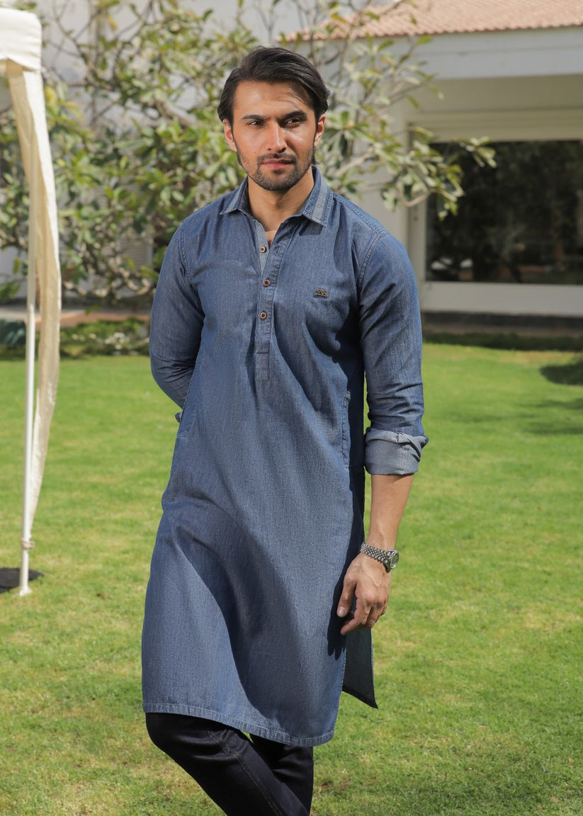 Men's regular fit blue denim kurta pajama with two-tone fabric and classic design