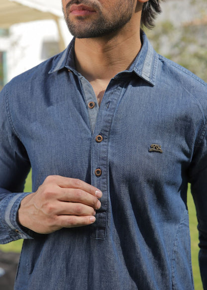 Men's regular fit blue denim kurta pajama with two-tone fabric and classic design