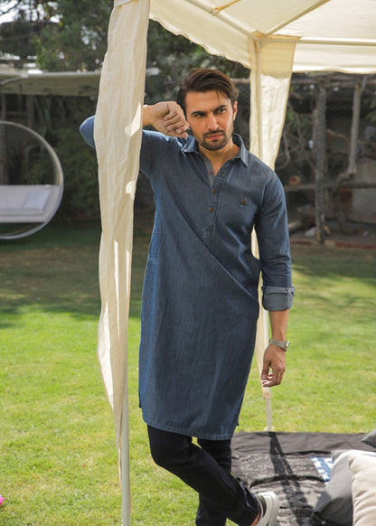 Men's regular fit blue denim kurta pajama with two-tone fabric and classic design