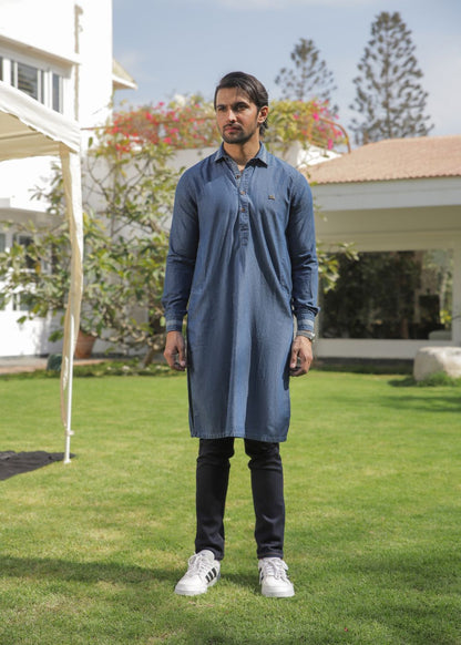 Men's regular fit blue denim kurta pajama with two-tone fabric and classic design