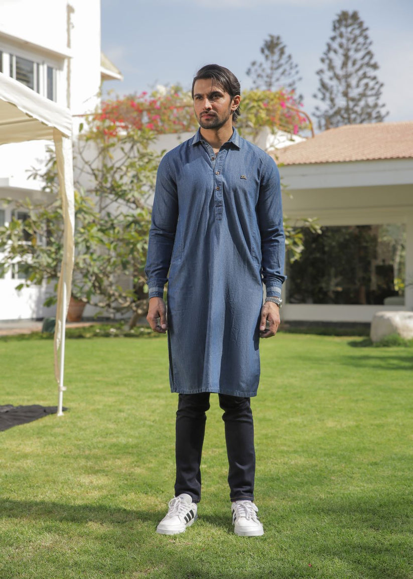 Men's regular fit blue denim kurta pajama with two-tone fabric and classic design