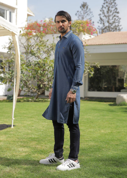 Men's regular fit blue denim kurta pajama with two-tone fabric and classic design