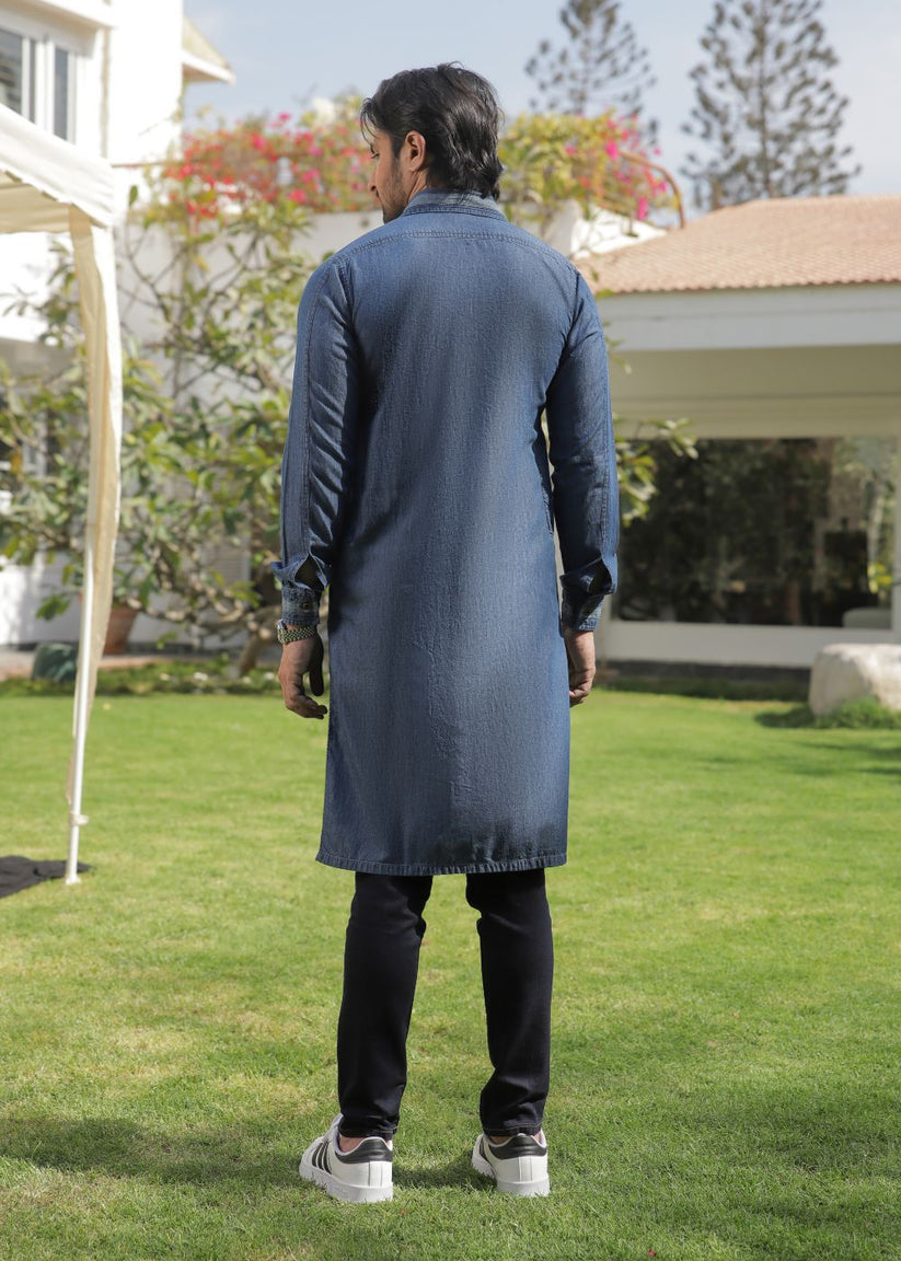 Men's regular fit blue denim kurta pajama with two-tone fabric and classic design