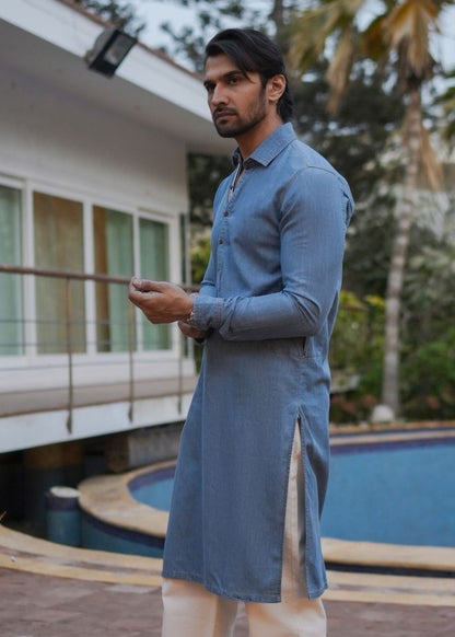 Men's regular fit blue denim kurta pajama with woven fabric and comfortable fit
