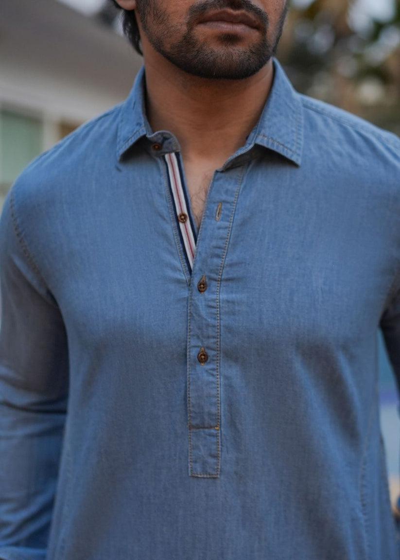 Men's regular fit blue denim kurta pajama with woven fabric and comfortable fit