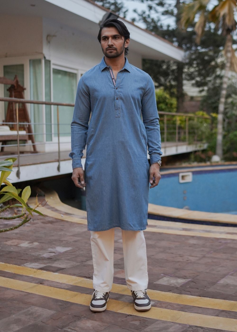 Men's regular fit blue denim kurta pajama with woven fabric and comfortable fit