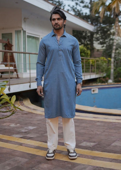 Men's regular fit blue denim kurta pajama with woven fabric and comfortable fit