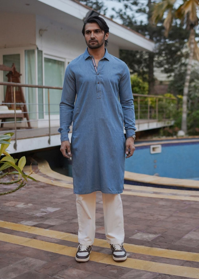 Men's regular fit blue denim kurta pajama with woven fabric and comfortable fit