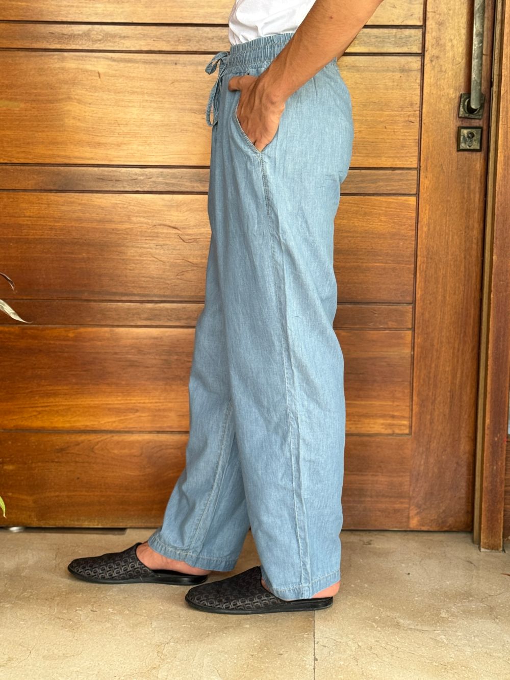 Men's regular fit blue denim kurta pajama with woven fabric and comfortable fit