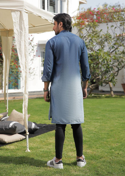 Men's regular fit blue kurta pajama with textured fabric and mandarin collar