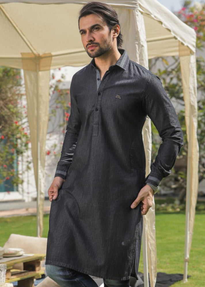 Men's regular fit charcoal denim kurta pajama with two-tone fabric and full sleeves