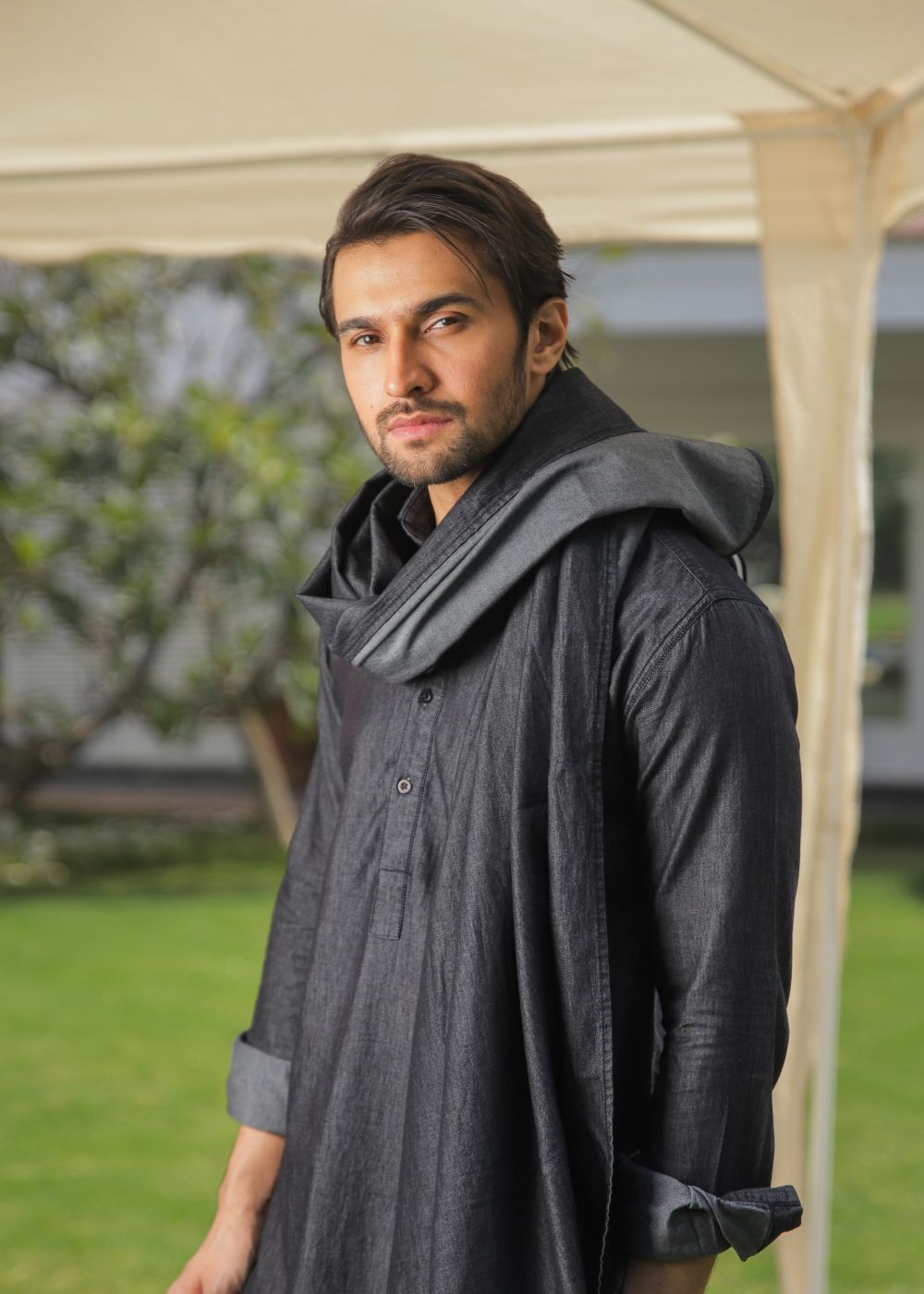 Men's regular fit charcoal denim kurta pajama with two-tone fabric and full sleeves