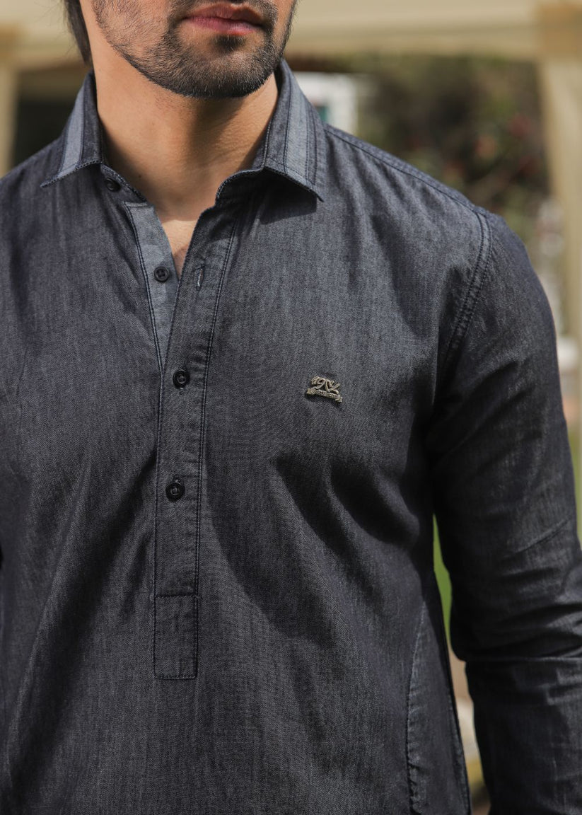 Men's regular fit charcoal denim kurta pajama with two-tone fabric and full sleeves