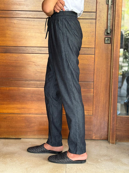 Men's regular fit charcoal denim kurta pajama with two-tone fabric and full sleeves