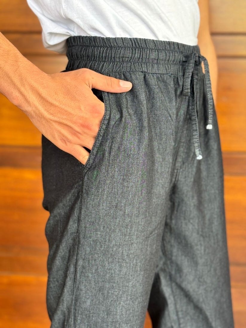 Men's regular fit charcoal denim kurta pajama with two-tone fabric and full sleeves